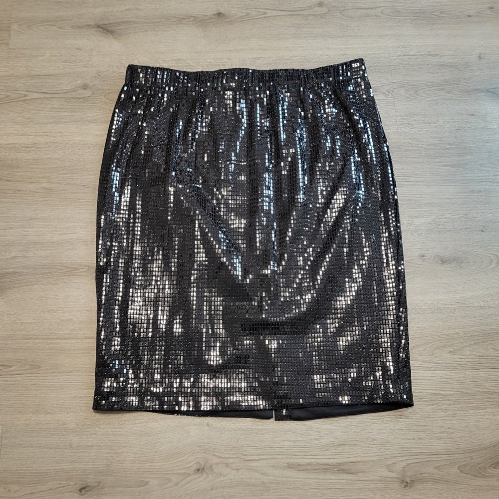Lane Bryant Black Metallic Sequin Pencil Skirt Plus Size 22 Elastic Waist Slit
